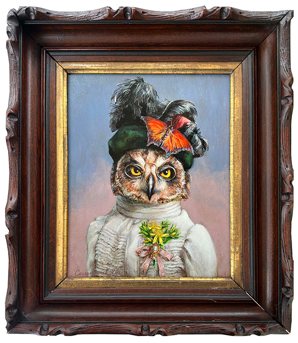 Cô cú tai ngắn Acrylic và sơn dầu trên vải cotton ascot gắn trên tấm ACM (8in. X 10in.) trong khung cổ được phục chế (12.5in. x 14.5trong.) Có sự góp mặt của loài cú tai ngắn, cây ban âu đầm lầy và cây cánh lá liễu.